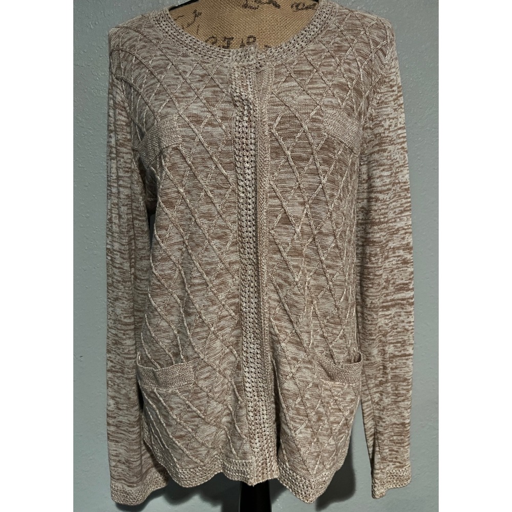 Jones New York Cardigan Women XL Tan Excellent Diamond Knit Open Front Sweater